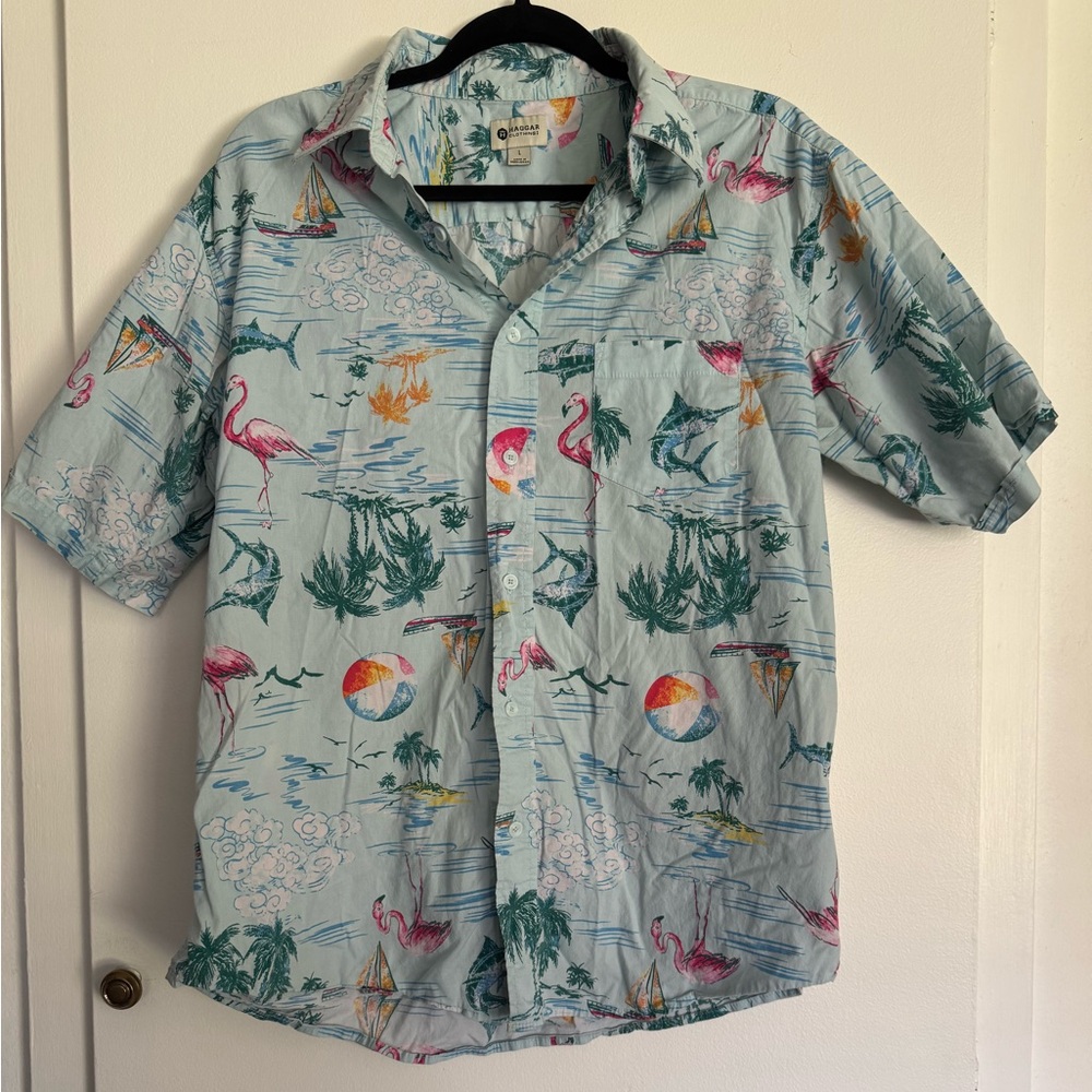 Haggar Stretch Pink Flamingo Beach Ball Marlin Hawaiian Tiki Mens Shirt Size L